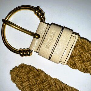 Prada Tan & Cream Woven Belt - Gold Buckle - Effortless, Quiet Luxury